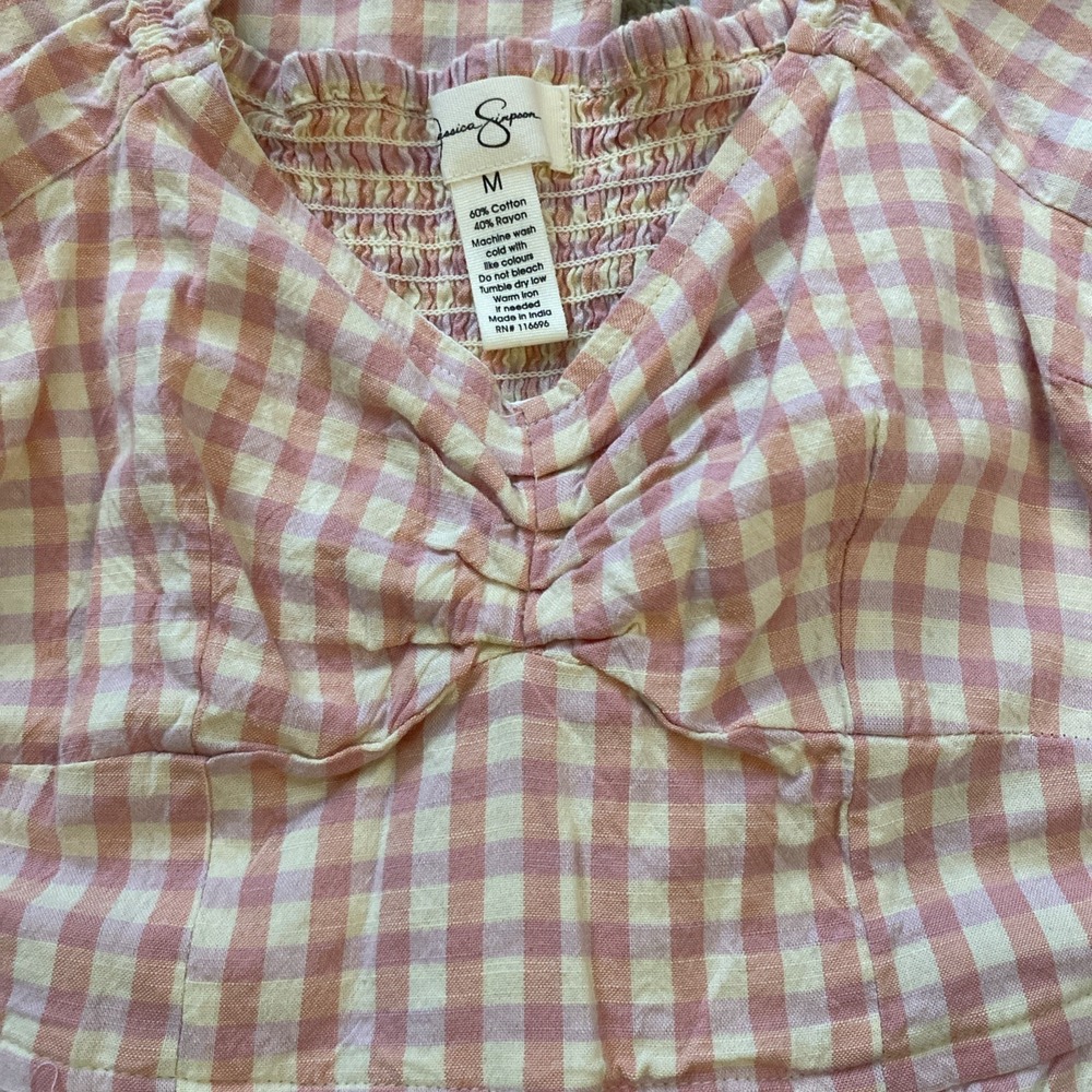 JESSICA SIMPSON PINK GINGHAM SMOCKED‎ BODICE JUMPSUIT W/POCKETS SIZE M - Picture 3 of 11